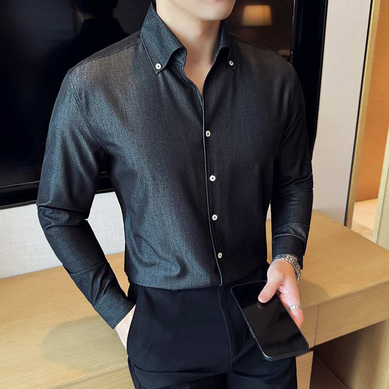 Autumn and Winter New Men's High-end Sense Denim Shirt Fashionable Italian One-piece Collar Elegant Long-sleeved Casual Shirt for Men