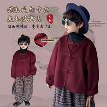 2025冬新款儿童呢子大衣冬装儿童毛呢外套新款新中式盘扣红色上衣