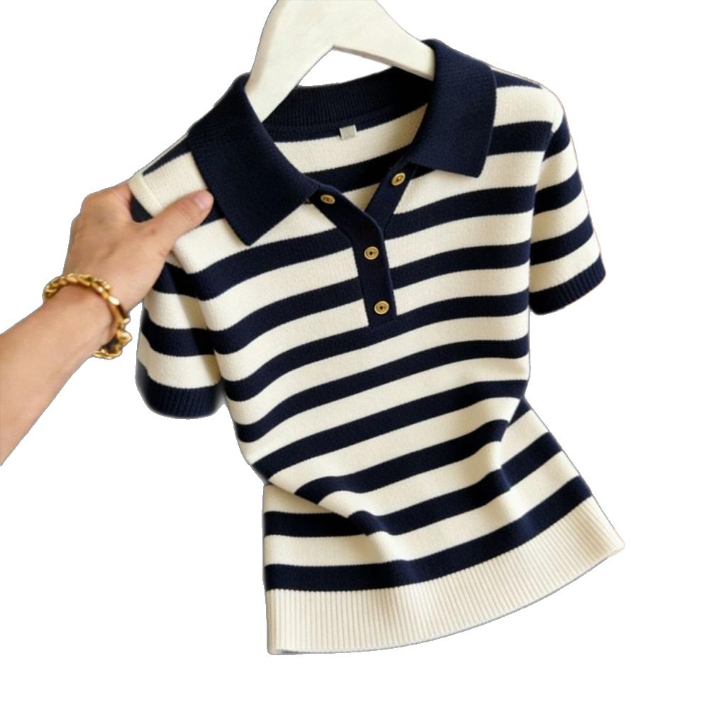 Women's Plus Size Striped Collared Ice Silk Top Short Sleeved Knit Concealing Tummy Lightweight Trendy Loose Fit Spring Summer_voghion.com