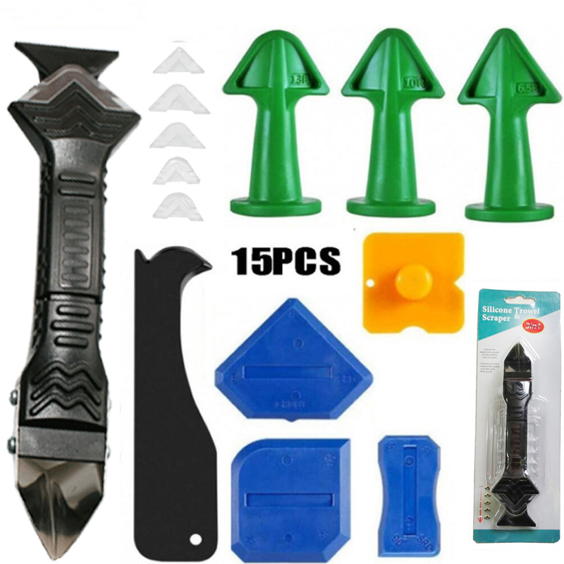 Juego de 15 piezas (blister de color transparente 3-en-1 raspador de metal + 6 cabeza suave + 3 boquilla de pegamento verde + 1 raspador amarillo + 4 raspador Yin y Yang)