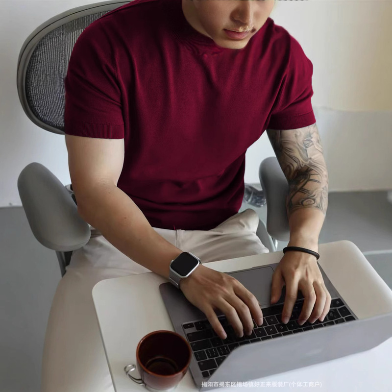 Source factory wholesale American cotton heavy weight short sleeve middle collar stretch retro men's half high collar T-shirt solid color spring