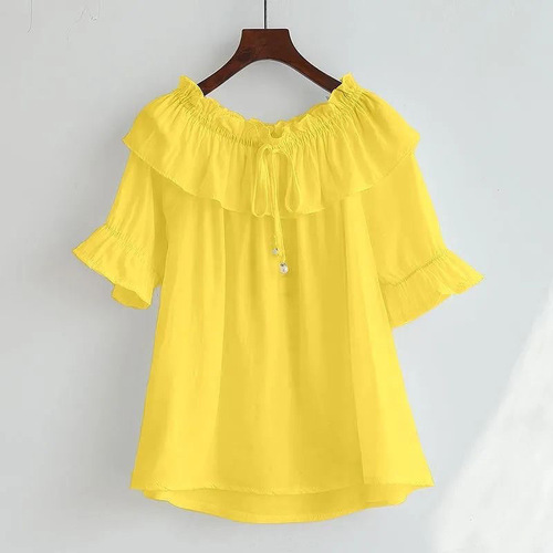 Slimming One-Shoulder Blouse with Bellows Sleeve and Pleated Hem, Korean Style Loose Top for 2025 Summer Trend