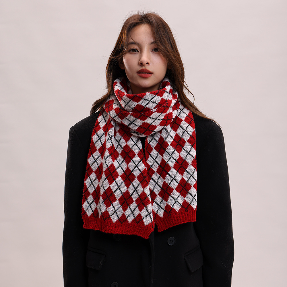 Sciarpa lavorata a maglia autunno inverno nuova con griglia a rombi, collo spesso e caldo, versatile per coppie, morbida_voghion.com