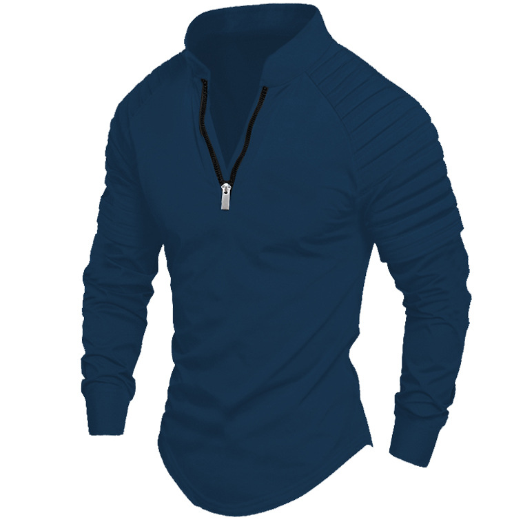 Men's Long Sleeve Polo Shirt With Arm Pleats And Zipper Casual_voghion.com