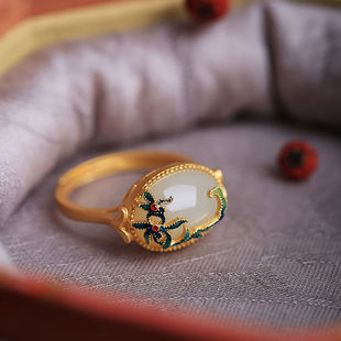 925 Sterling Silver Ancient Gold Inlaid Hetian Jade High-End Chinese Style Open Ring for Women with a Light Luxury Design
