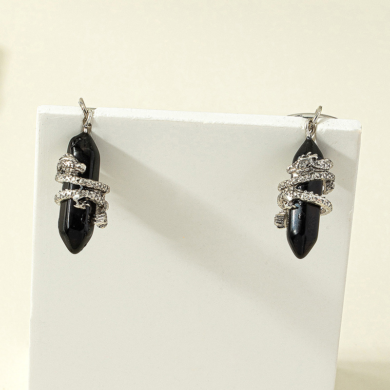 ethnic style szodiac dragon amethyst stone hexagonal column pendant alloy earrings