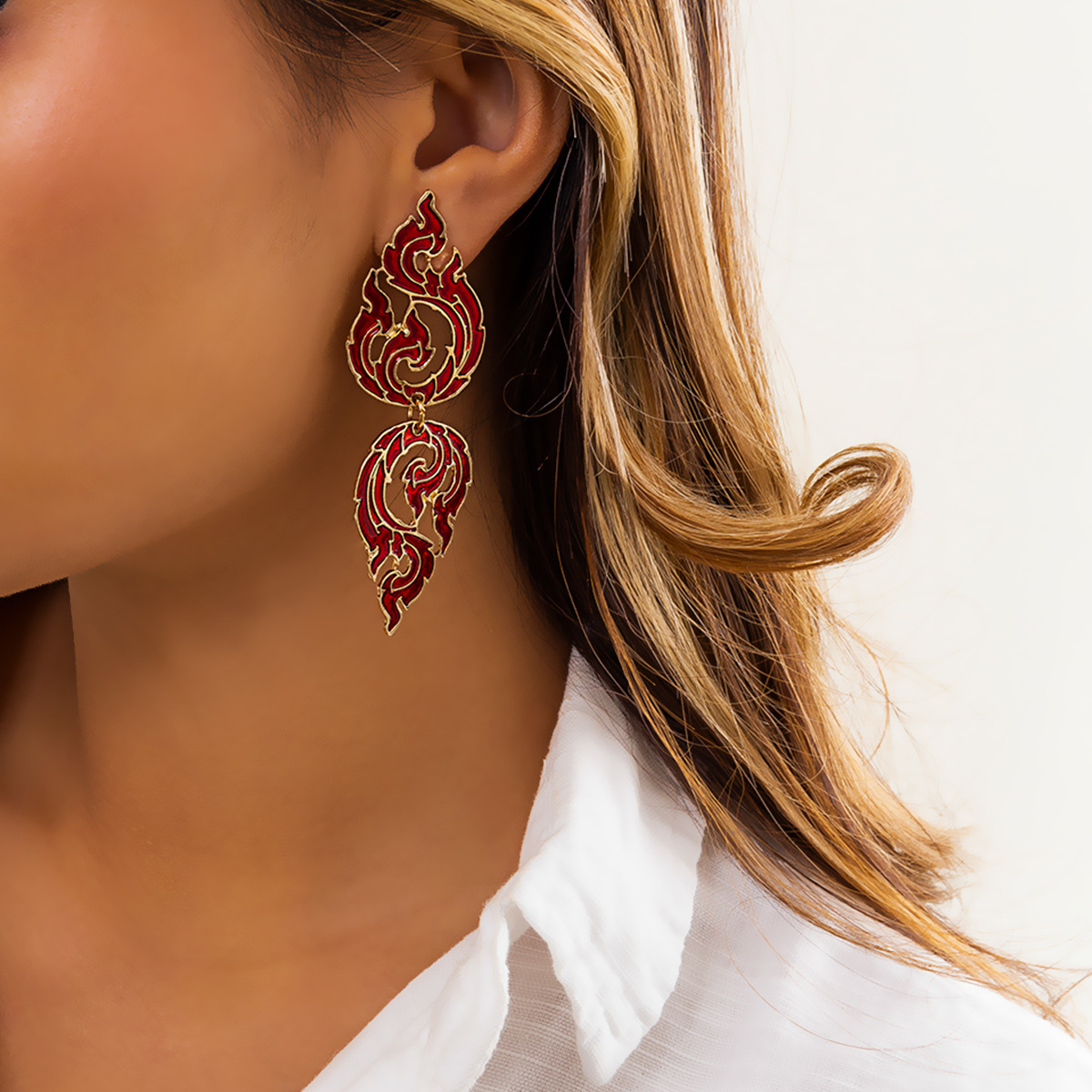 Geometric Exaggerated Hollow Oil Drip With Ethnic Style, Three-dimensional Double Flame, Niche Earrings_voghion.com