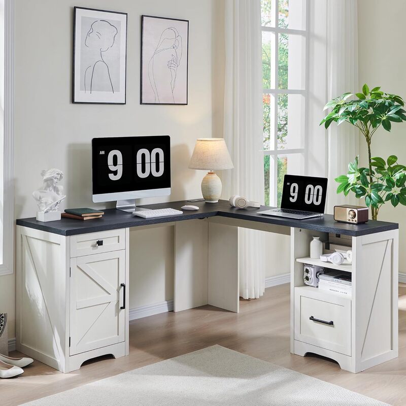 Cross-Border Exclusive L-Shaped Corner Desk, Home Office Desk, Modern Farmhouse Computer Desk, with File Factory Customization