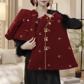 女童新中式红色加绒毛呢外套旗袍裙两件套冬装2025新款连衣裙年服