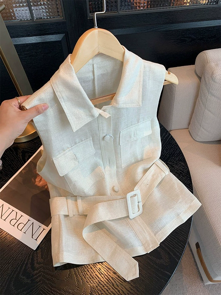 Супер популярная французская повседневная рубашка без рукавов с воротником-стойкой для женщин, летняя высококачественная темпераментная универсальная льняная рубашка, тренд