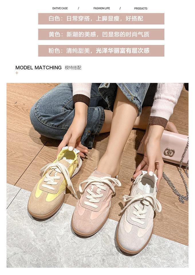 Giày sneaker nữ da thật phối lưới kiểu ballet, đế cao su chống trượt, dây buộc — Màu hồng, Màu mơ, Màu vàng chi tiết 6