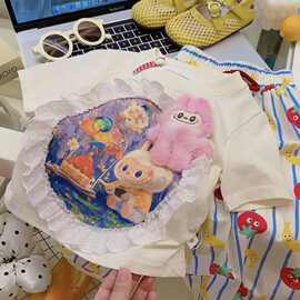 女童纯棉T恤夏季蕾丝立体玩偶拉布布短袖男女宝宝labubu儿童上衣