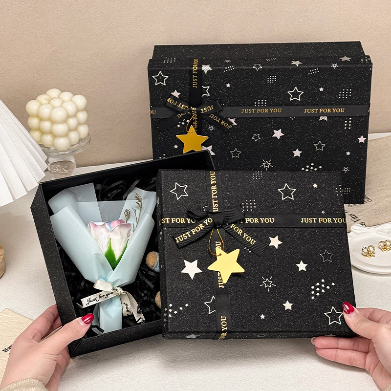 Caja de regalo negra con diseño de cielo estrellado, caja de regalo de cosméticos de alta gama, caja de regalo de cumpleaños, caja de regalo con tapa y base, caja de embalaje.
