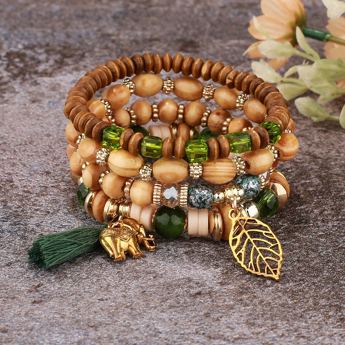 1 Piece Quantity Bohemian Leaf Elephant Arylic Alloy Beaded Bracelets Wholesale