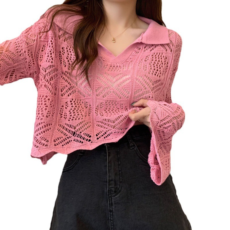 2024 verano agujero camisa de punto camisa de mujer con camisa de protección solar de cintura alta camisa corta suéter de manga larga camisa