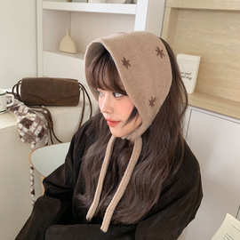 韩系花朵刺绣针织帽女秋冬百搭显脸小简约绑带大头围保暖护耳发带