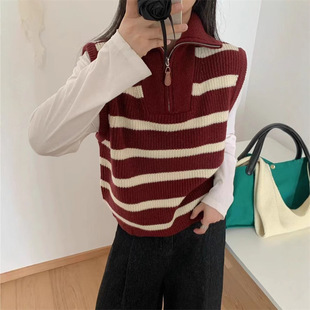 Contrast Color Stripesd Half-Zip Pullover Sleeveless Sweater for Women Autum New Layered Waistcoat Knitted Vest Top