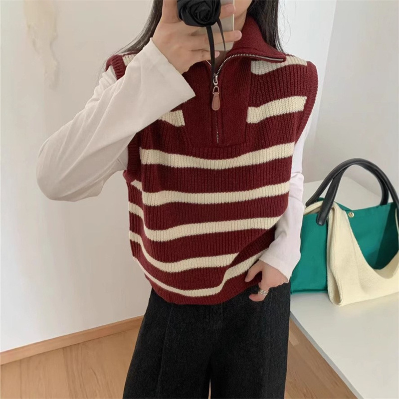 コントラストカラーストライプハーフジッププルオーバーノースリーブセーター女性のための秋の新しいレイヤードチョッキニットベストトップ|undefined