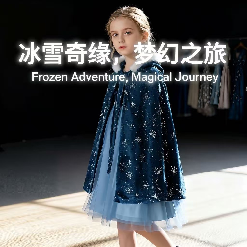 女童公主披风套装斗篷艾莎万圣节圣诞表演服儿童发光新年孩子礼物