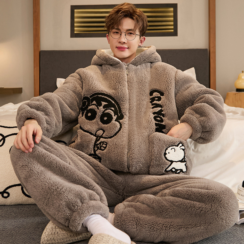 Pajamas for Men Winter Coral Velvet Thickeneded Fleece-Lined Large Size Autumn and Winter Men's Youth High School Students and Older Children's Suits