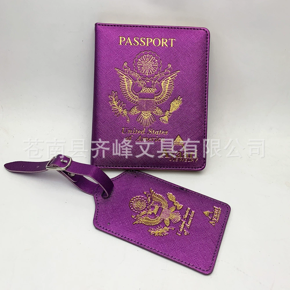 Набор из кожаного чехла для паспорта и бирки для багажа с индивидуальным тиснением логотипа, фиолетовым крестообразным узором, горячая распродажа, кожаный держатель для паспорта для путешествий