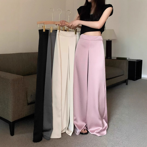 Elegant acetate pure color silky satin drop-waist relaxed wide-leg pants for summer 2025, high-waisted floor-length trousers