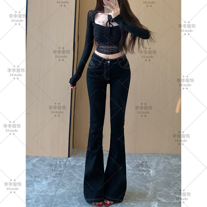 黑色丰胯微喇牛仔裤女2025年秋季新款修身提臀高腰弹力喇叭长裤|undefined