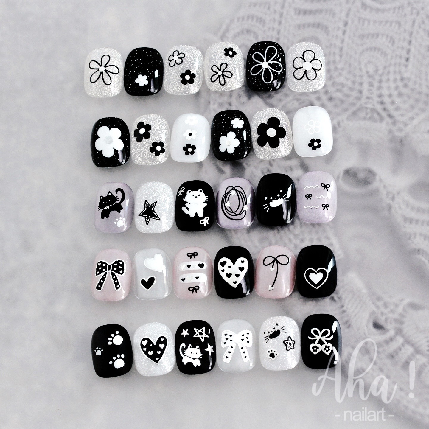 Copyright registered Aha original nail art adhesive stickers with silver metallic effect black and white nail decoration decals