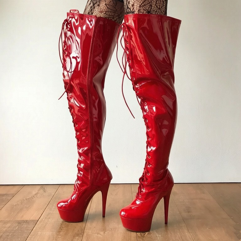 Amazon Ultra-High Heel Women's Shoes 20cm Waterproof Platform Over-The-Knee Boots with Thin Heels, Patent Leather, Front Lace-Up, Black Thigh-High Boots Amazon Ultra-High Heel Women's Shoes 20cm Waterproof Platform Over-The-Knee Boots with Thin Heels, Patent Leather, Front Lace-Up, Black Thigh-High Boots