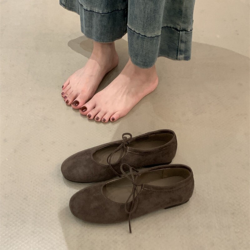 圆头绑带绒面平底芭蕾浅口软底久站通勤小单鞋新款玛丽珍瓢鞋|undefined