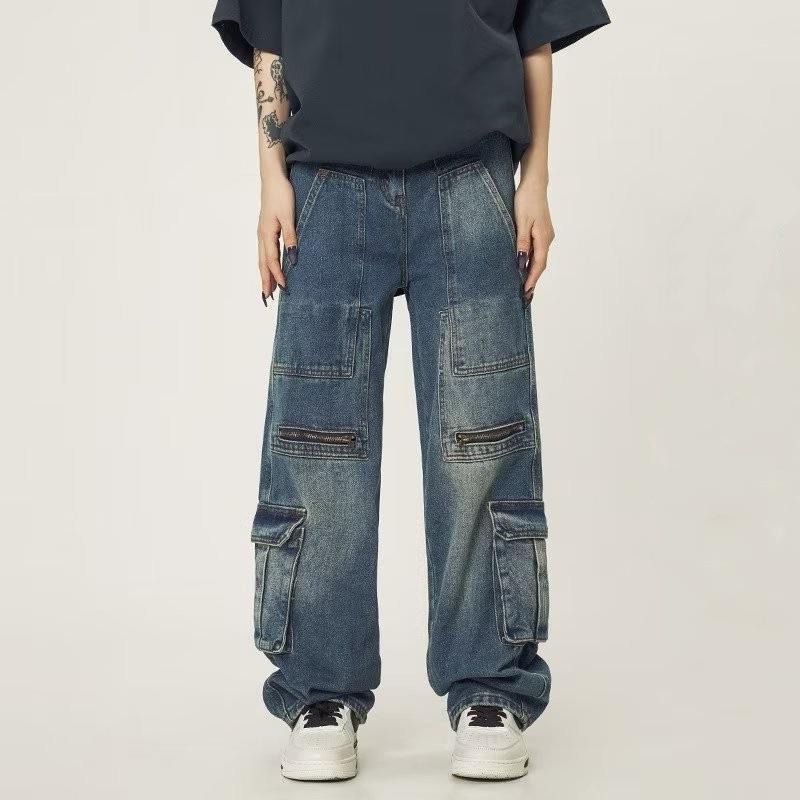 American Style High Street Old Multi-Pocket Tooling Jeans Loose Niche Straight Wide Leg Vintage Washed Jeans for Men