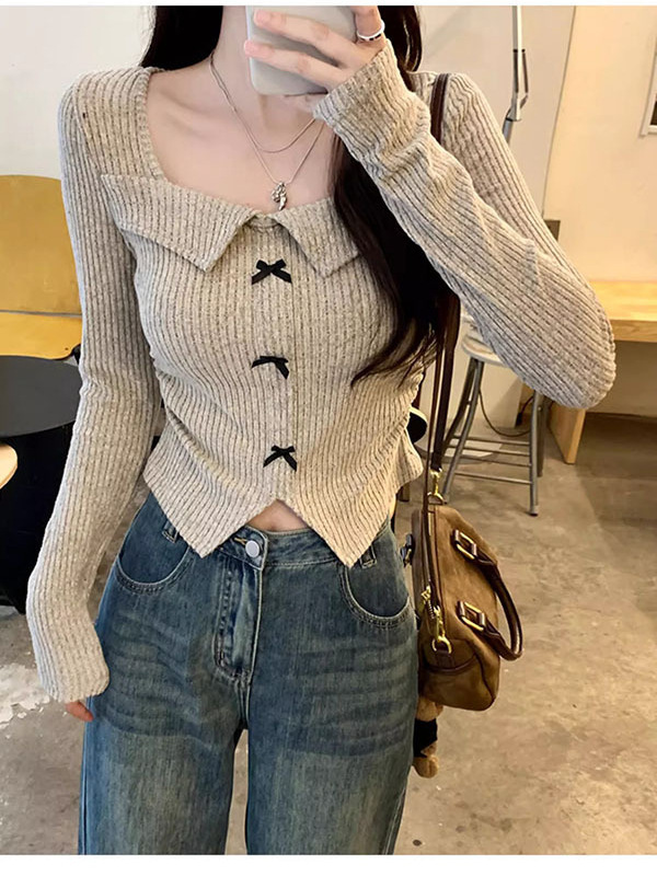 甜辣妹美式复古方领长袖t恤女辣妹收褶蝴蝶结春秋季短款上衣潮ins|undefined