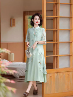 Summer Chinese-Style Mother's Cheongsam Dress, Improved Chinese-Style Fake Two-Piece Printed Dress, Middle-Aged and Elderly Classical Style Skirt