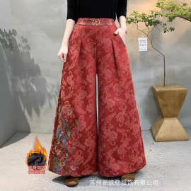 高腰刺绣加绒阔腿裤女2025冬季新款民族风垂感长裤保暖棉麻阔腿裤