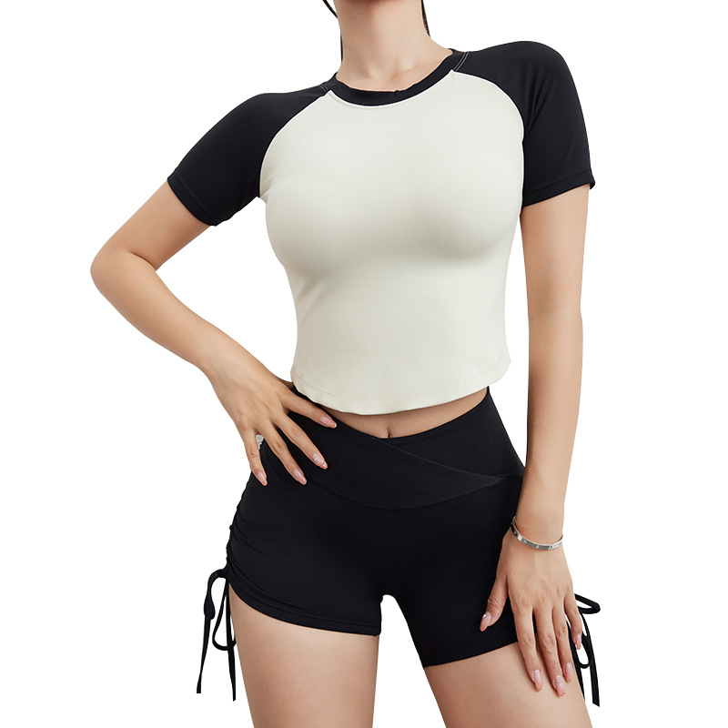 Yoga ropa de manga corta de las mujeres apretado color matching deportes superior manga corta correr adelgazamiento color sólido chaleco nueva ropa de entrenamiento