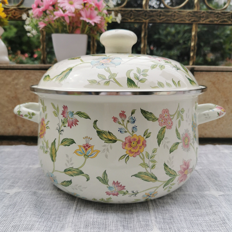 老式搪瓷锅双耳加厚家用汤锅炖锅砂锅珐琅锅平底锅煤气电磁炉通用