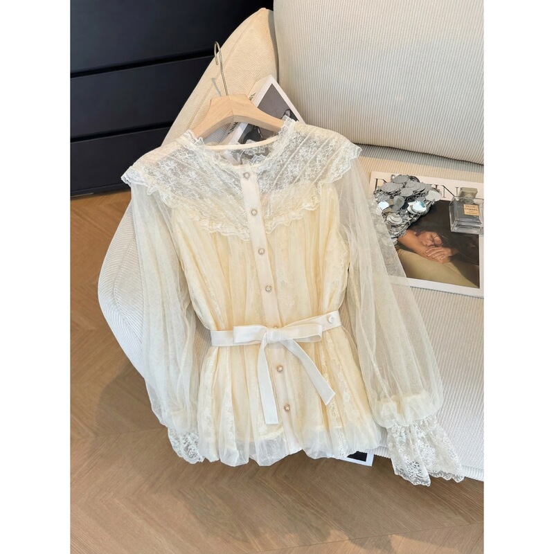 French-Style Gentle Lace Splicing Mesh Flared Sleeve Shirt for Women, Light Luxury Socialite Waist-Cinching Casual Jacket