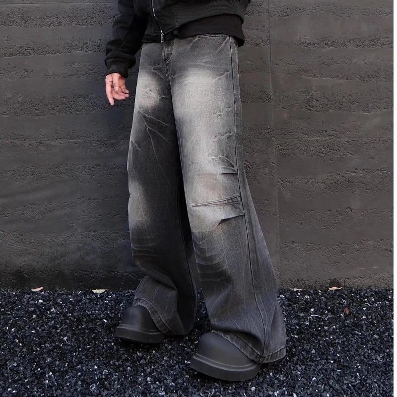 2025 Spring And Autumn American High Vintage Distressed Dyed Paris Ripped Jeans Men's Street Straight Loose Flared Pants_mkmklike.com