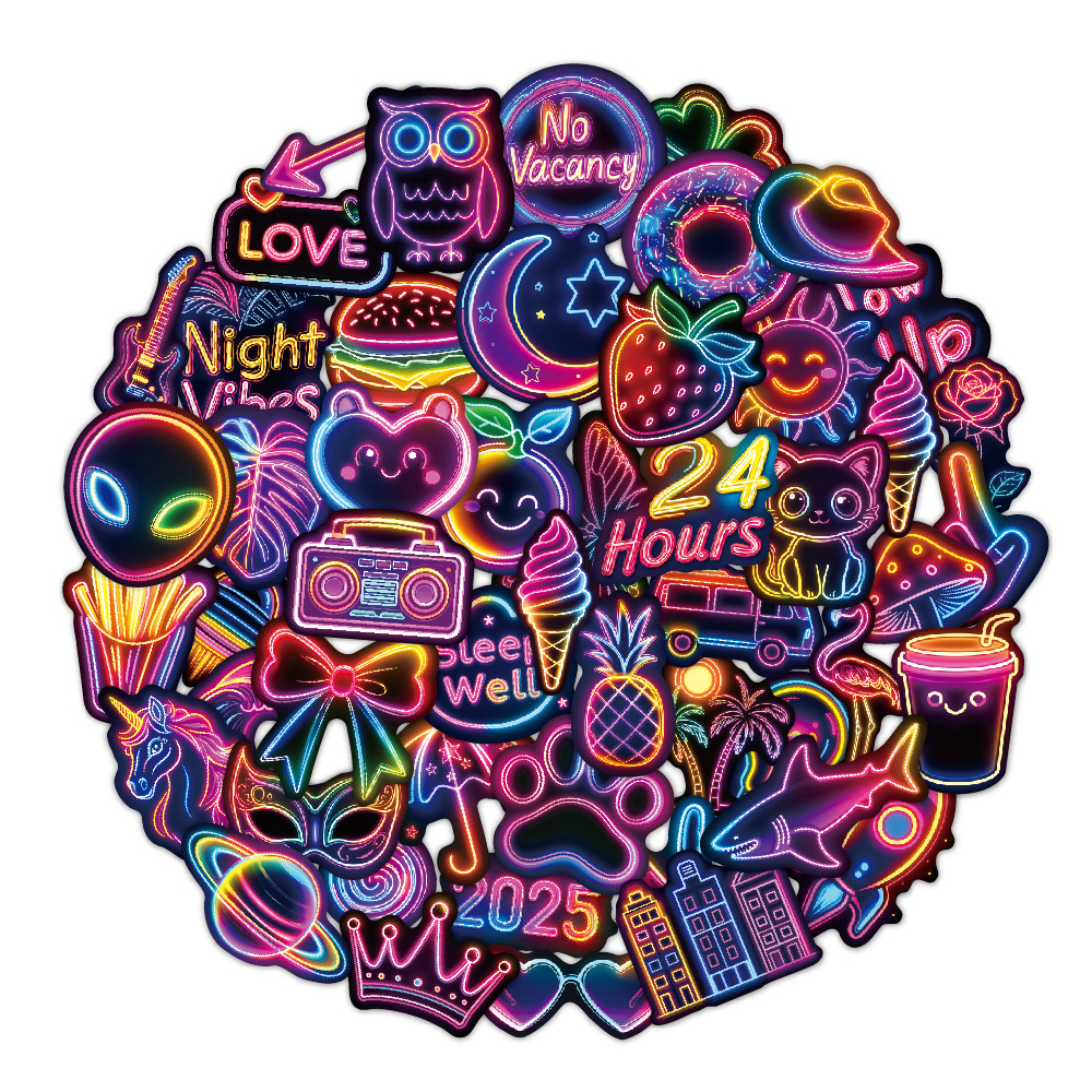 (2개) 국경 네온 스티커 50개 멋진 개성 트렌드 방수 그래피티 장식 스케이트보드 가방 네온 스티커