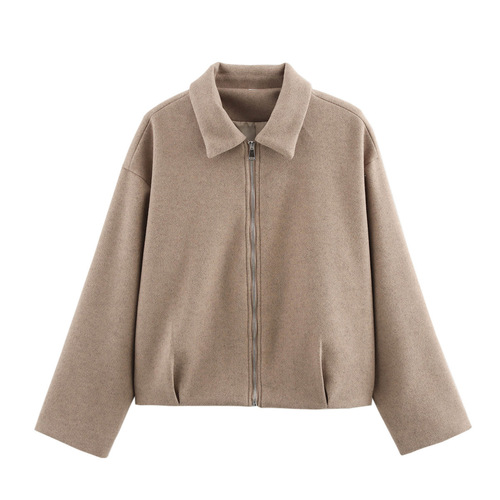 European and American Women's Spring Streetwear Fashion Lapel Zip-Up Wool Coat