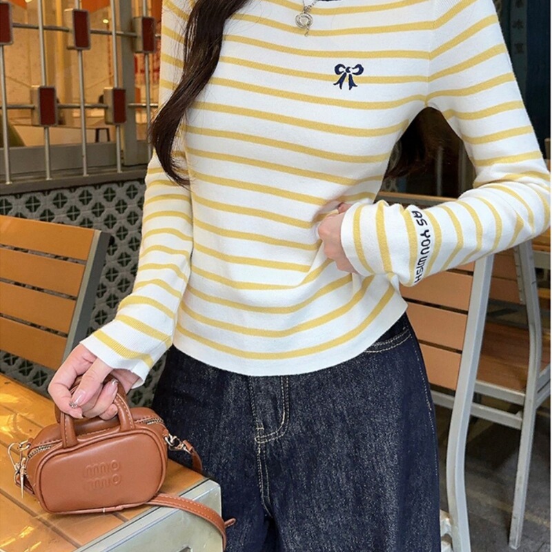 [270g German Velvet 1*1] Embroidered Stripesd Contrasting Color Long-Sleeved T-Shirt Early Autumn New Slimming Look Niche Top