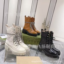 2024G家秋冬新款厚底皮革拼接圆头印花短靴女款系带靴子时尚女