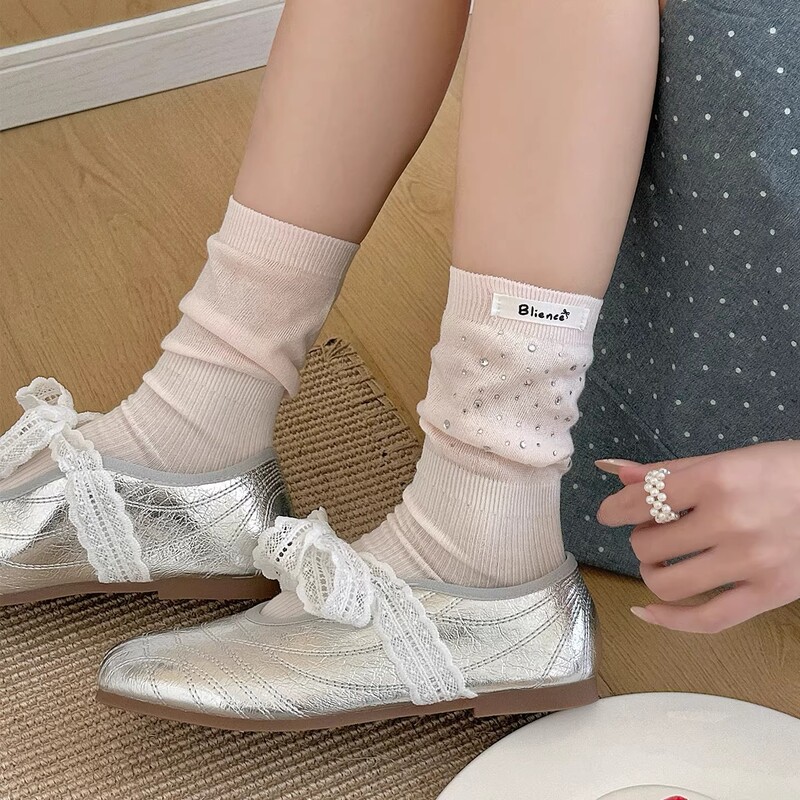 Japanese-Style Rhinestone Starry Sky Socks for Women, Spring and Summer Mid-Calf Socks, Light Luxury Loose Cuff Rhinestone Fabric, Standard Silver Shoes Japanese-Style Rhinestone Starry Sky Socks for Women, Spring and Summer Mid-Calf Socks, Light Luxury Loose Cuff Rhinestone Fabric, Standard Silver Shoes