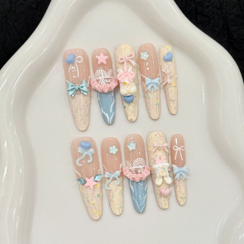 【Cotton Candy Island】3D Cute Bear and Rabbit Cartoon Nail Art Stickers Handmade Wearable Nails Wholesale Finished Products
