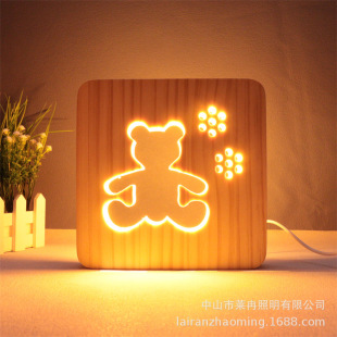 Creative Bear Hollow Night Light Bedside LED Luminous Wooden Lamp Mid-Autumn Company Business Ornaments Wooden Table Lamp