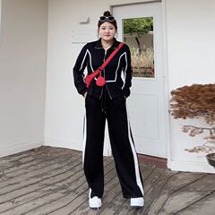 大码休闲运动风套装女秋冬胖mm显瘦遮肉跑步卫衣外套+裤子两件套