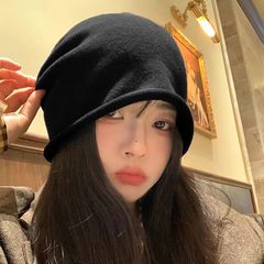 冷帽女秋冬针织大头围保暖毛线帽厚针织混纺包头显脸小宽松堆堆帽