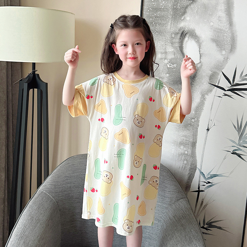 Cotton Children's Summer Pajamas for Girls - 2024 New Short Sleeve Onesie Sleep Gown for Older Children - Loose Cartoon Homewear