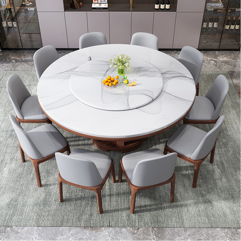 Marble Round Table Solid Wood Slate Complete Dining Table and Chair Set Household Induction Cooker Dining Table Round Induction Cooker Table