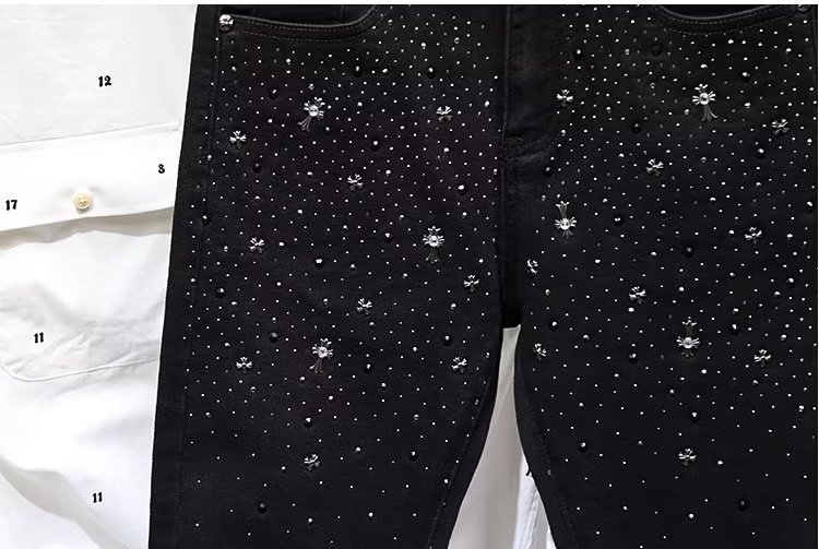 Schwarze Jeans, Trendmarke für Herren, High-End-Heavy-Industrial-Hot-Diamond-Slim-Fit, Herbst-High-Street-elastische Jeanshose_voghion.com